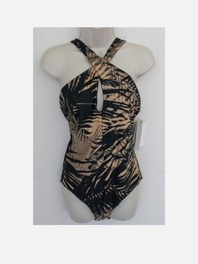 Amoressa Swimsuit 12 One Piece Black Beige Palm Print Criss Cross Resort Beach